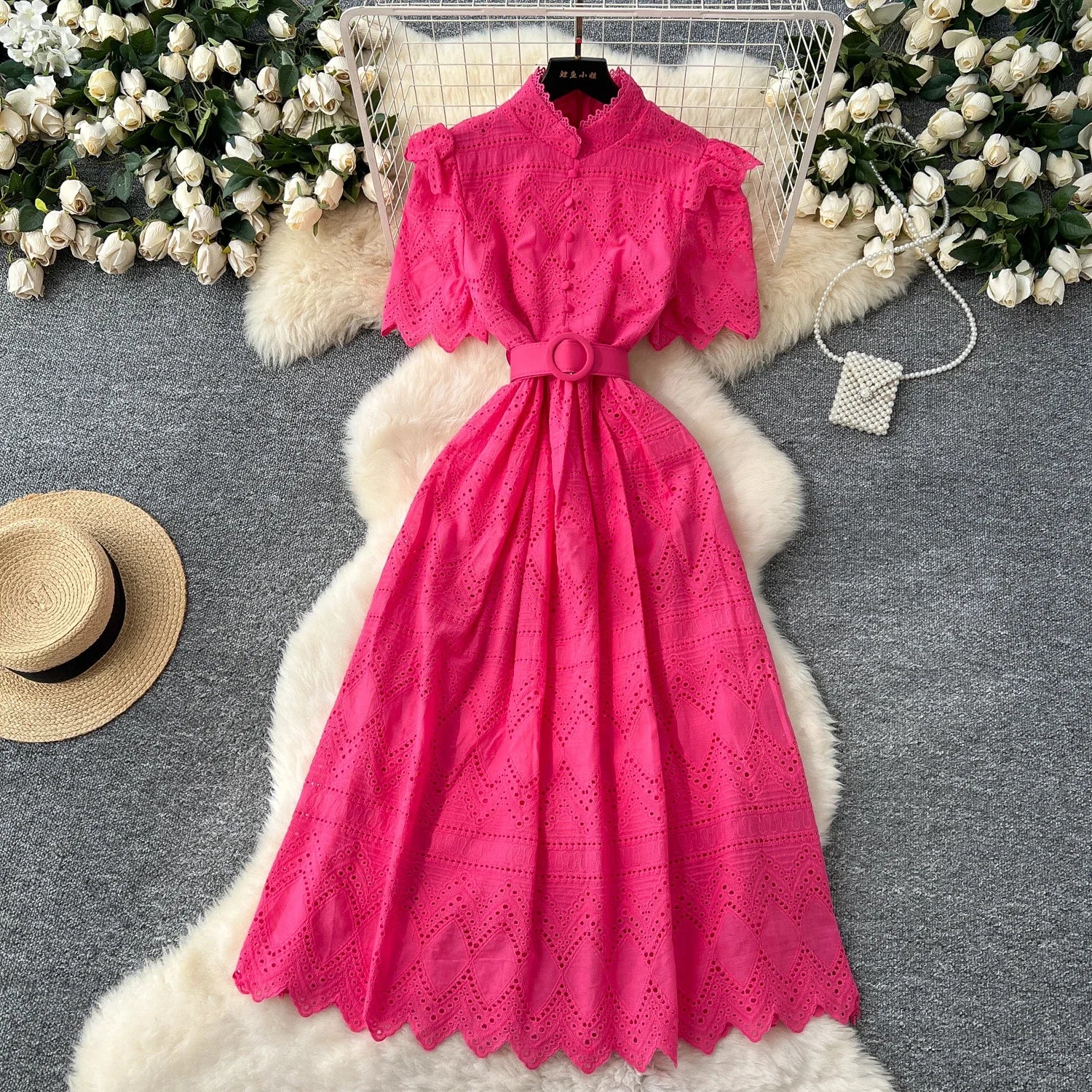 French Vintage O-neck sashes Hook flower hollow Short Sleeves Single Breasted Dress A-line Casual Women Fashion women clothing