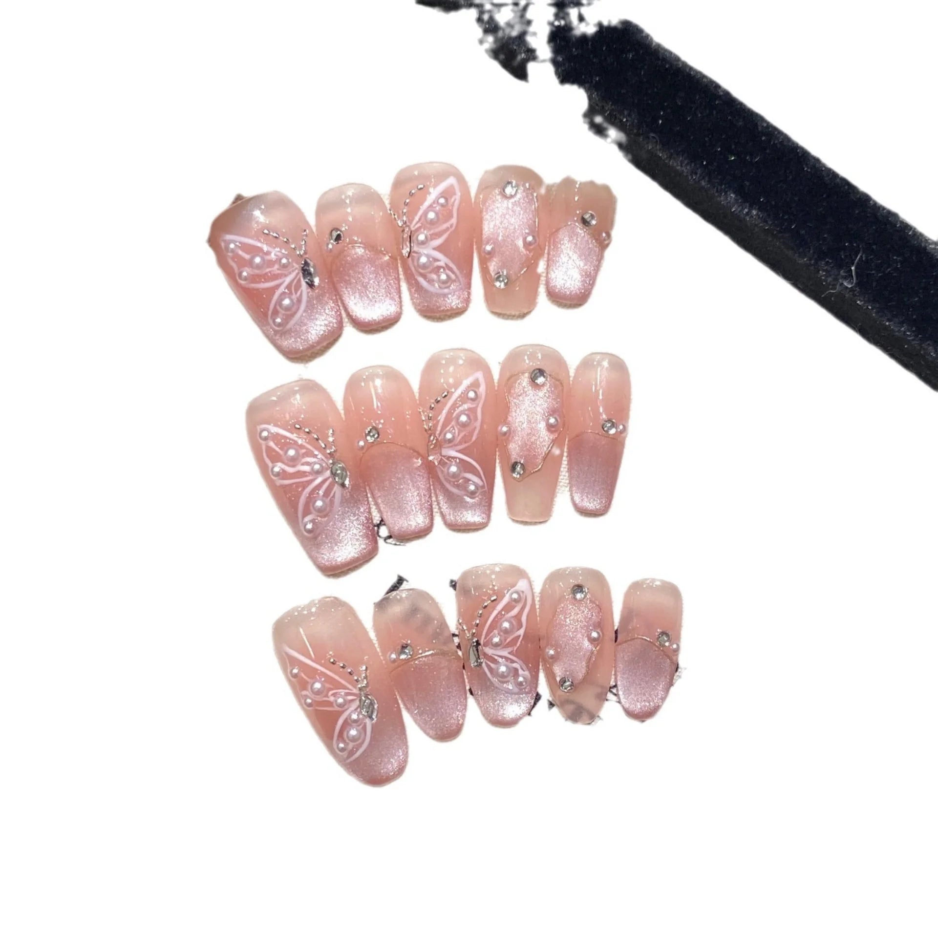 10pcs Butterfly Pearl Handmade Fake Nails Mid-length Oval False Nail Art Nude Pink Cat's Eye Tips Detachable Press on Nails Sets