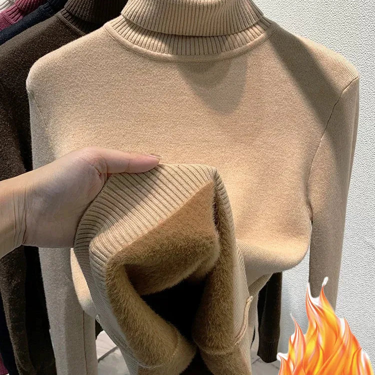 Turtleneck Winter Sweater Women Elegant Thicken Velvet Lined Warm Sueter Knitted Pullover Slim Tops Jersey Knitwear Jumper New khaki