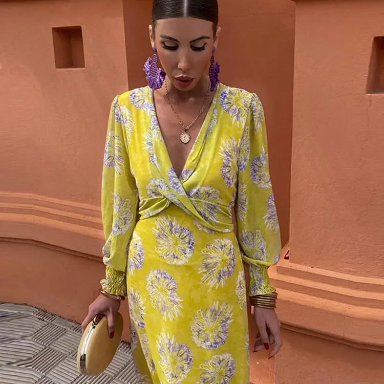 Elegant Flower Print Maxi Dress For Women Fashion Pleated V-neck Long Sleeve Slim Robe Spring New Lady High Street Vestidos