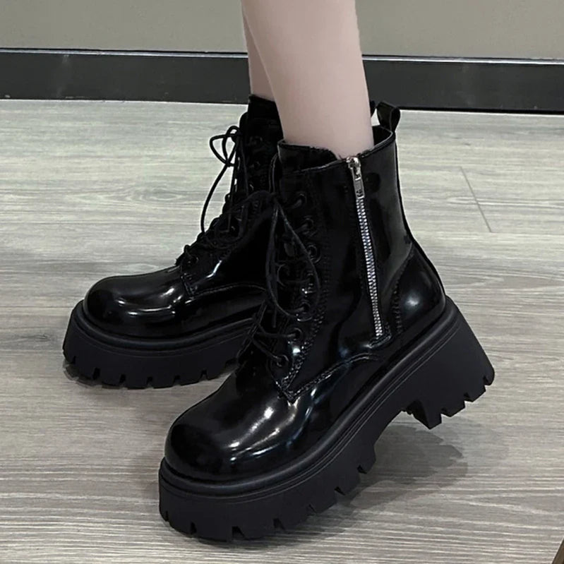 Chunky Platform Women's Ankle Boots Autumn Black Patent Leather Motorcycle Boots Woman Gothic Thick Bottom Combat Booties