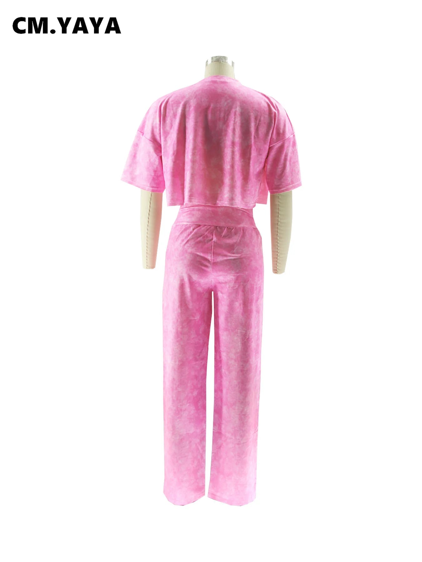 CM.YAYA Women's Set Tie Dye Print O-neck Short  Sleeve Crop Top +Pants Suits Street Sweatsuit Two 2 Piece Set Outfit Tracksuit