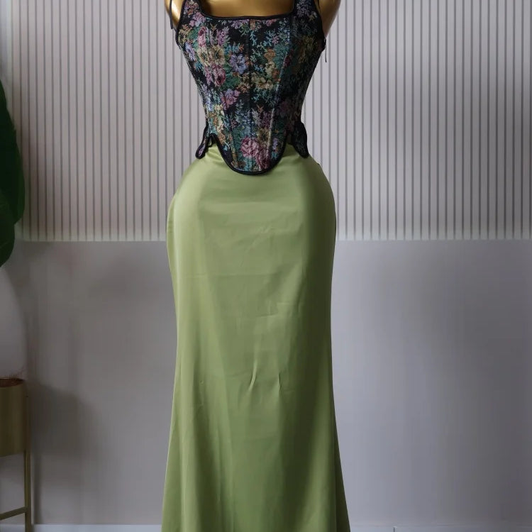 CM.YAYA Women's Dress Set Print Bow Corset Top and Maxi Long Skirt Suit 2025 Summer Elegant Evening Two 2 Piece Set Outfits