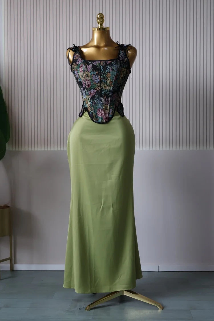 CM.YAYA Women's Dress Set Print Bow Corset Top and Maxi Long Skirt Suit 2025 Summer Elegant Evening Two 2 Piece Set Outfits