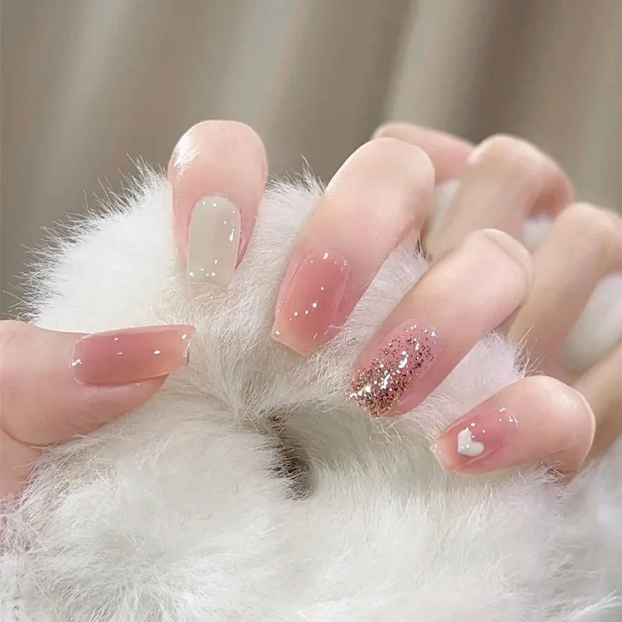 24pcs/set Short Medium fake nails for women girls gradient shiny glitters heart french Square almond tips Press on false nail