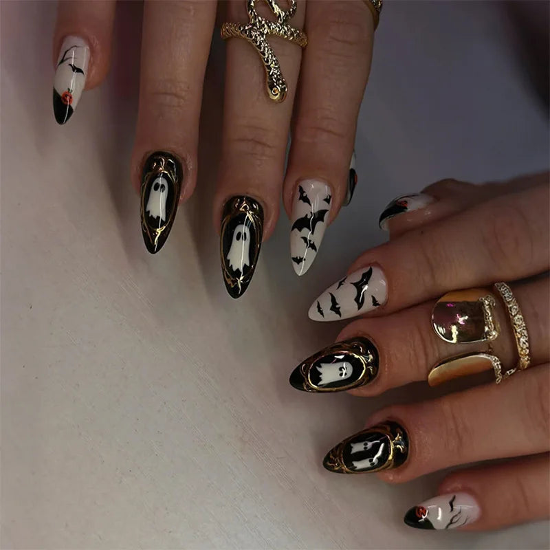 24pcs Halloween False Nails Sets Press on Spider Design French Long Almond Fake Nails Art Gradient Black Full Cover Nail Tips