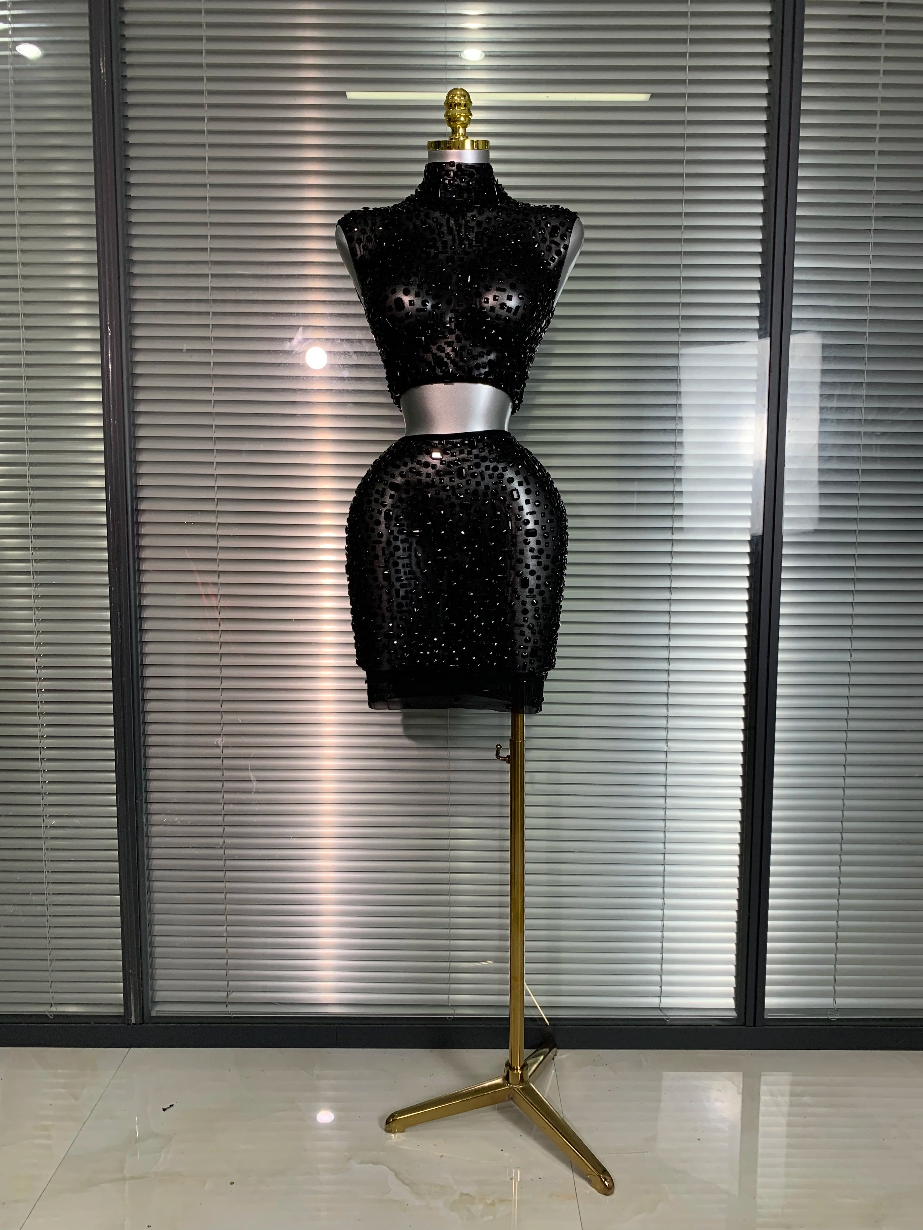 Women Sexy Two Pieces Set Women Black Crystal Diamond Night Club Skirt Suits Singer Dancer See Through Stage Performance Costume