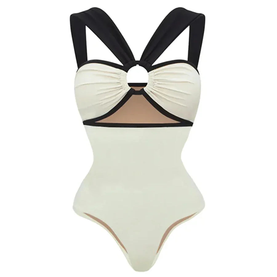 Milky White One-piece Swimwear Design Cut-out Stylish Elegant Swimsuit Body Fit Summer Vacation Seaside Swimsuit And Cover Up Mint