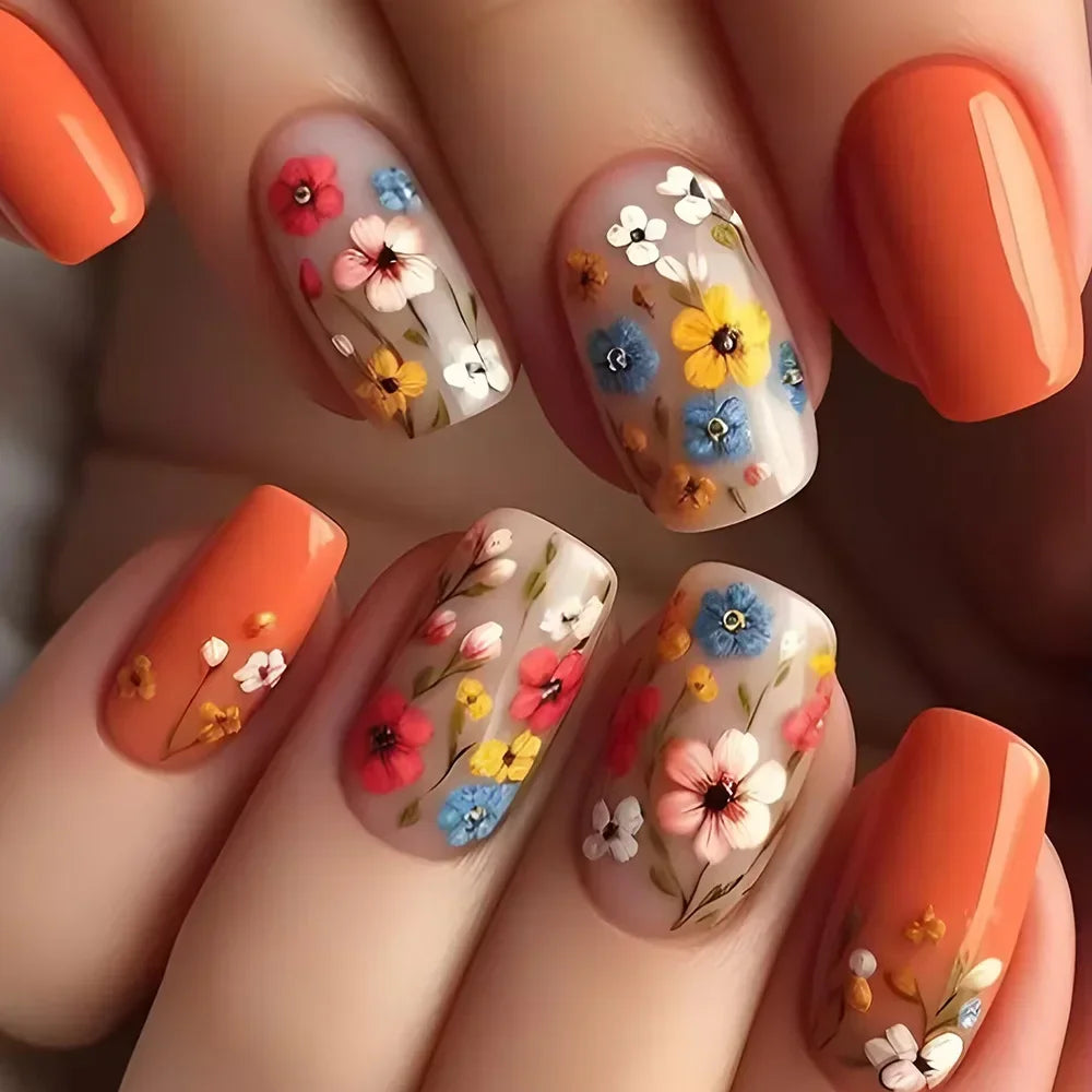 24Pcs Sweet Floral Short Square False Nails with Glue Solid Color Press on Acrylic Nails Simple French Full Cover Fake Nail Tips