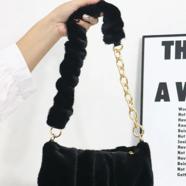 Women Faux Fur Handbags with Metal Chain Lady Ruched Shoulder Bag Armpit Casual Square Hobos Crossbody Winter Black
