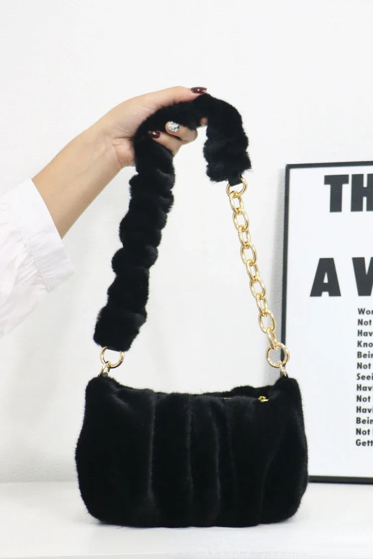 Women Faux Fur Handbags with Metal Chain Lady Ruched Shoulder Bag Armpit Casual Square Hobos Crossbody Winter Black