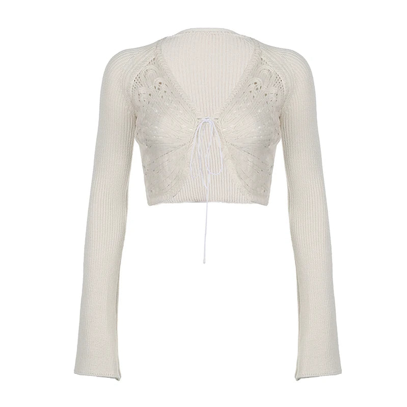 White Butterfly Shaped Sweater Cardigan Sexy Split Lace-up Knitwears Solid Elegant Autumn Clothing y2k Aesthetic Outfits WHITE