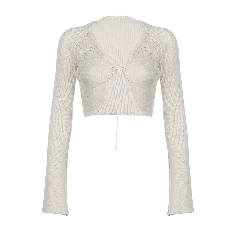 White Butterfly Shaped Sweater Cardigan Sexy Split Lace-up Knitwears Solid Elegant Autumn Clothing y2k Aesthetic Outfits WHITE
