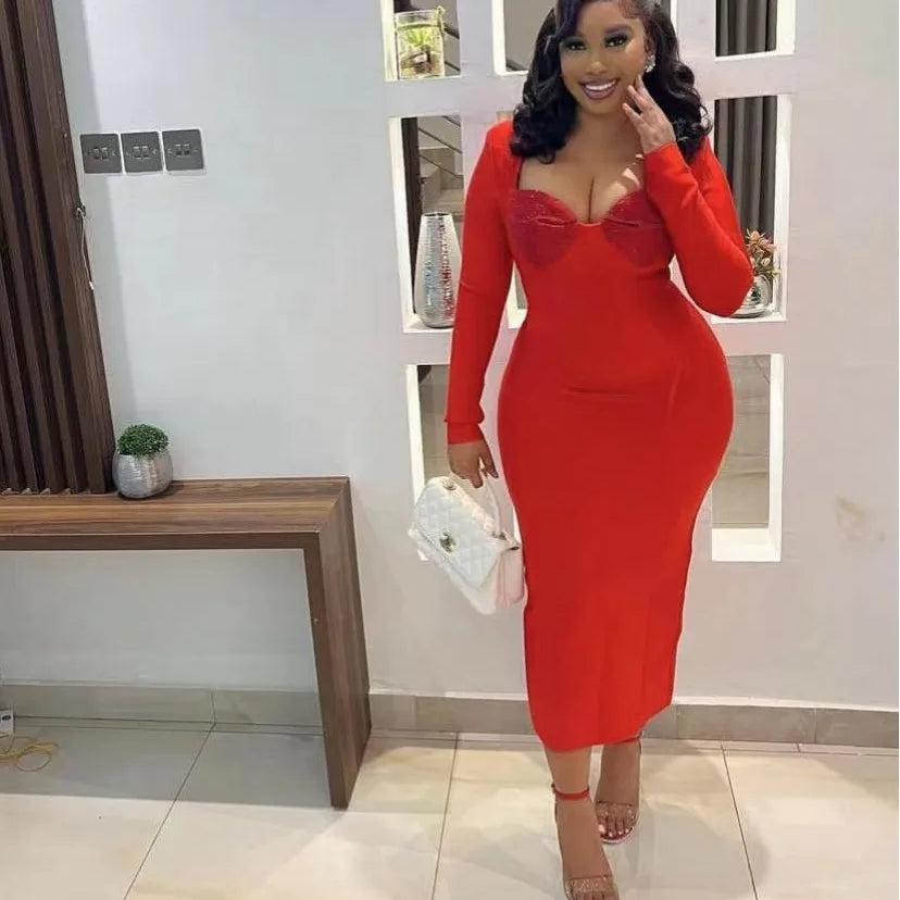 Vestido longo feminino, preto, vermelho, manga longa, sexy, gola quadrada, strass, bandagem justa, boate, festa, comemoração