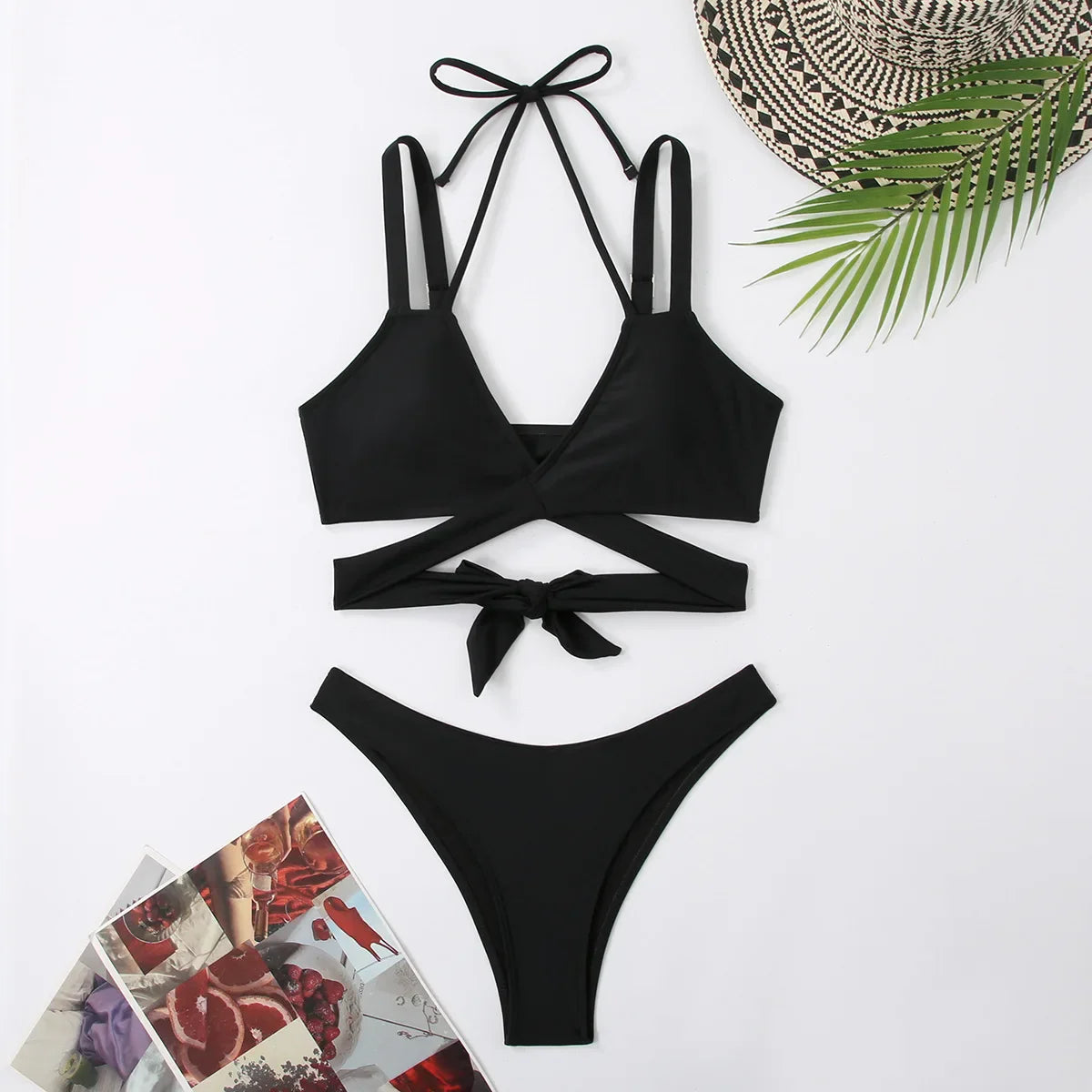 Women Strap Ties Bikini Set Female Solid Sexy Swimsuit 2 Pieces Sexy Swimwear Beach Outfits Damen Bathing Suit Push Up Black