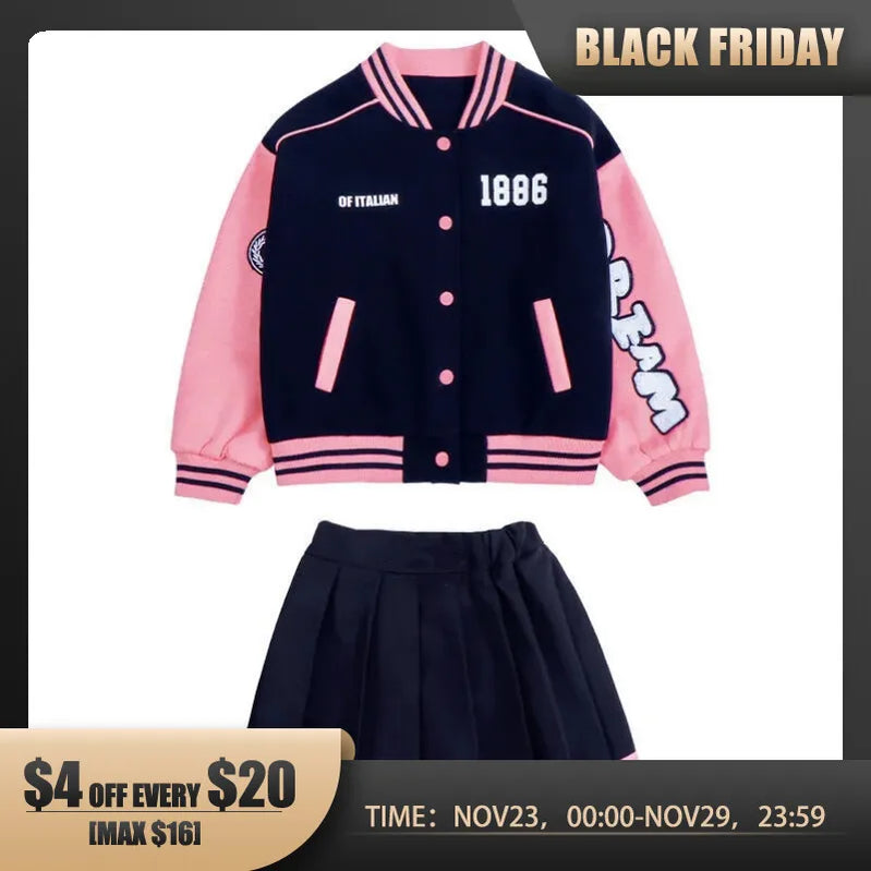 Junior Girls Autumn Baseball Suits Jacket & Pleated Skirt 2 Pcs Outfits School Uniform Sets Kids Sports Casual Clothing 7-14Y