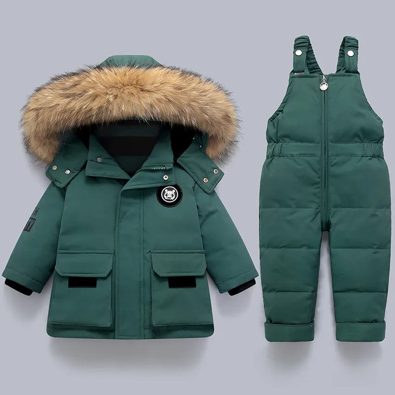Children Down Suit Winter and Autumn Warm Boy Jacket Natural Fur Collar Baby Girls Snowsuit Coat Kids Parkas Outwear 1-5 Years Green