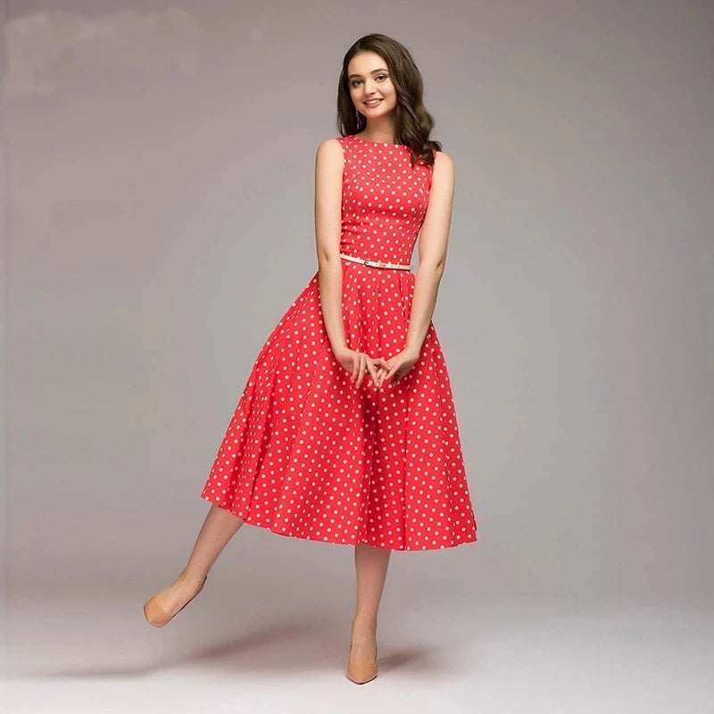 Vintage Dress Sleeveless O-neck Vestidos Women Elegant Thin Dot Printing Mid-Calf Casual Dress Female Summer Red