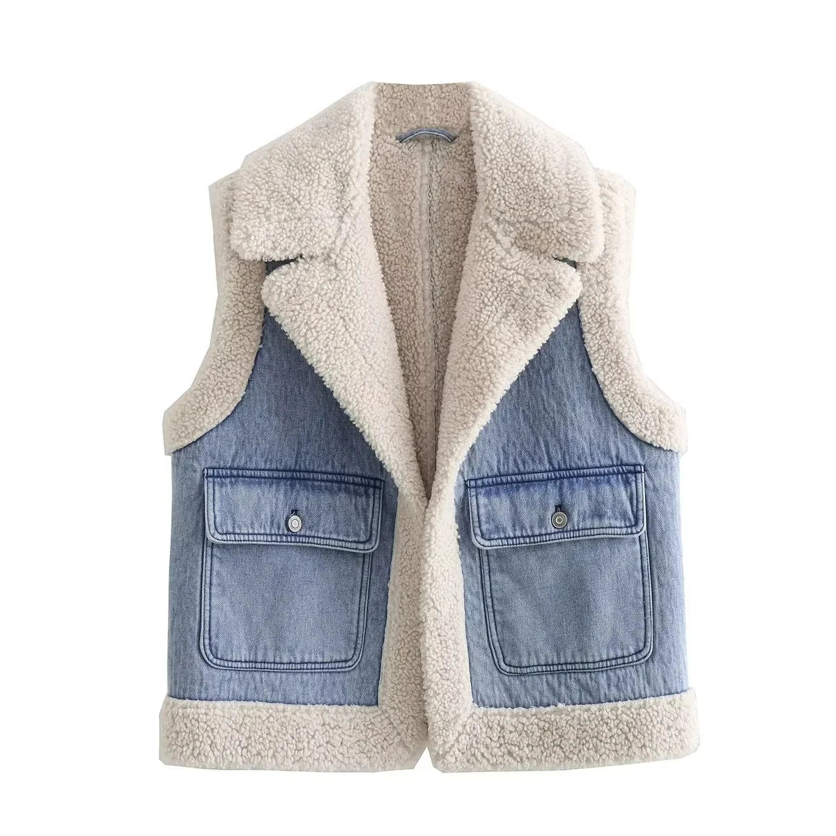 Women Faux Sheepskin Fur Waistcoat Autumn Winter Chic Lady Denim Vest Woman Sleeveless V Neck Jacket Waistcoats blue