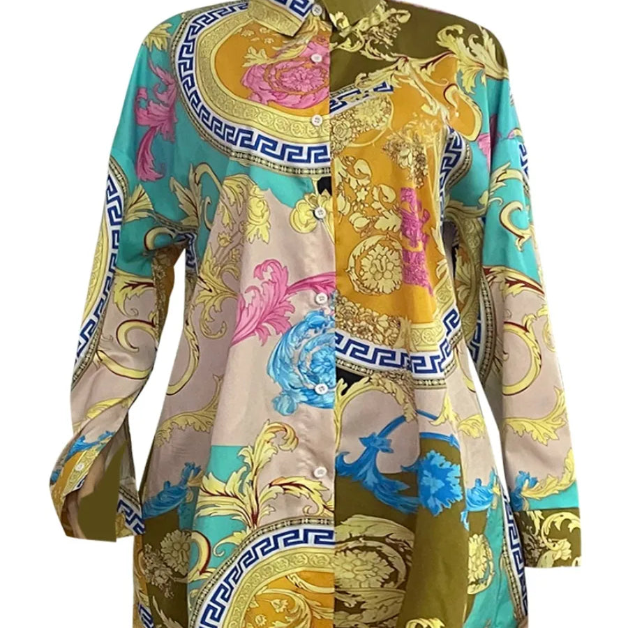 Plus Size dresses Mixed Print Shirt Dress Autumn Long Sleeve Shirt Dress Casual Loose Button Polo midi dress vestido