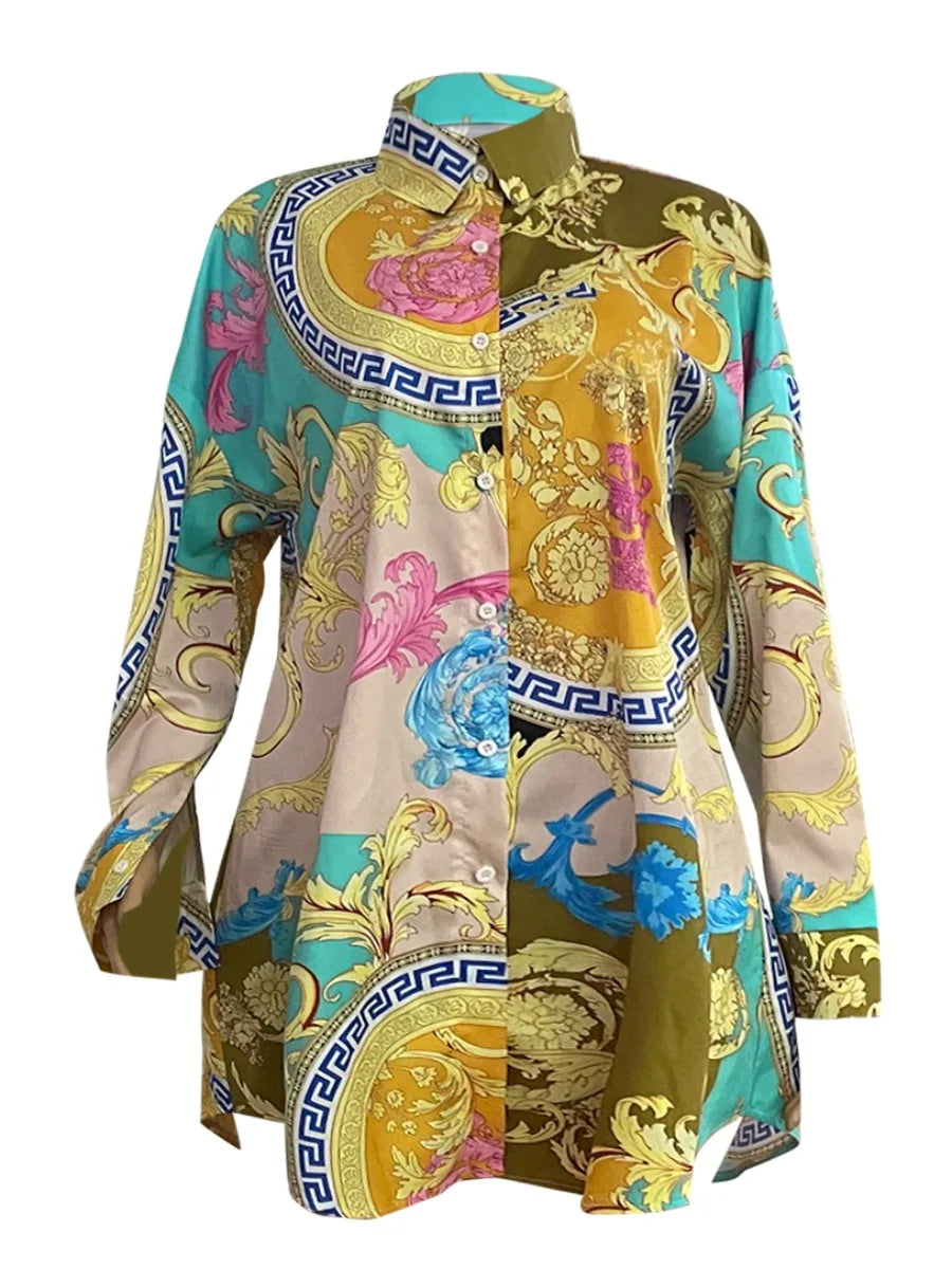 Plus Size dresses Mixed Print Shirt Dress Autumn Long Sleeve Shirt Dress Casual Loose Button Polo midi dress vestido