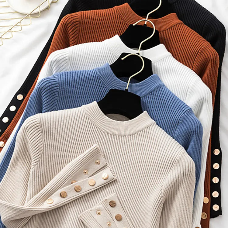 Casual Autumn Winter Women Thick Sweater Pullovers Button Long Sleeve O-neck chic Sweater Female Slim Knitted Soft Jumper Tops