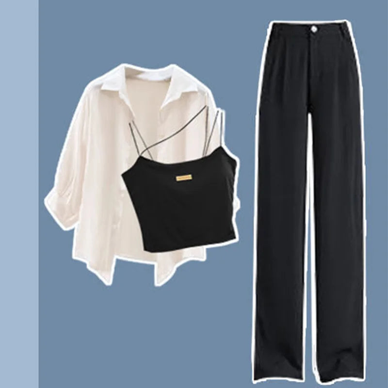 Large Women's Summer Set 2023 New Fashionable Shirt with Hanging Straps and Wide Leg Pants Three Piece Set Y2k Clothes Women Three piece set 1 5