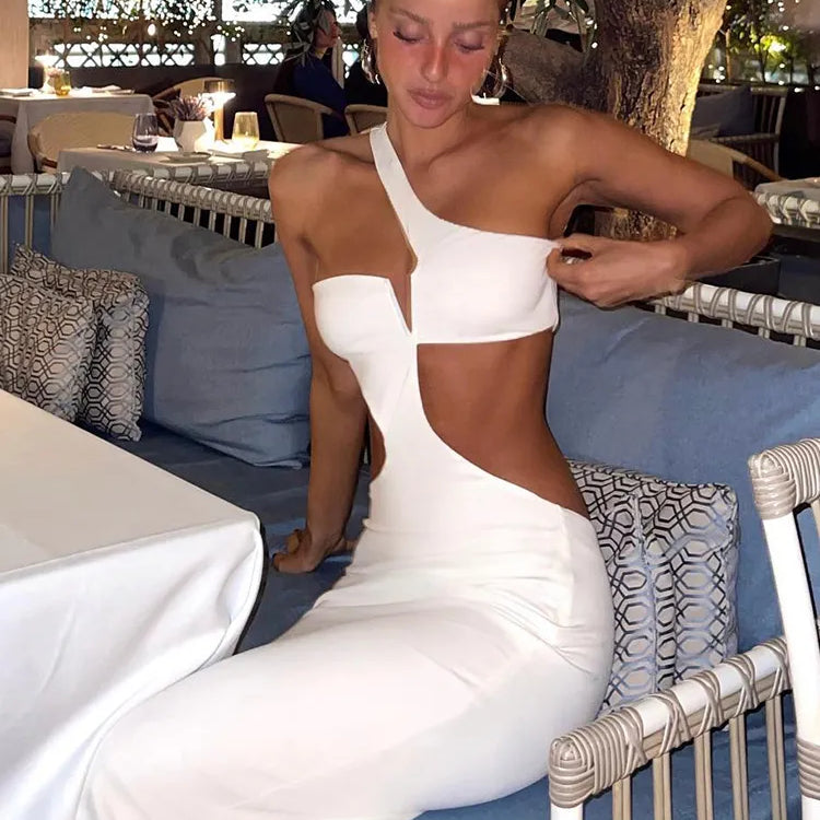 Kliou Off Shoulder Sexy Hollow Out Maxi Dress Women Concise Solid Sleeveless Body-shaping Vestido Female Evening Party Clothing