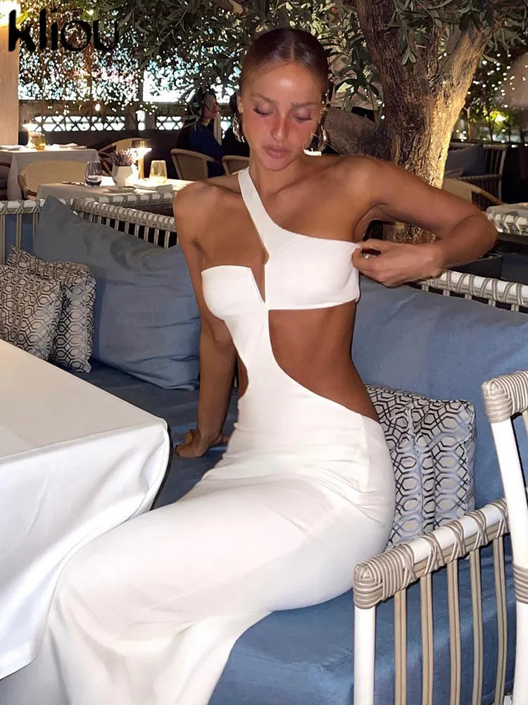 Kliou Off Shoulder Sexy Hollow Out Maxi Dress Women Concise Solid Sleeveless Body-shaping Vestido Female Evening Party Clothing