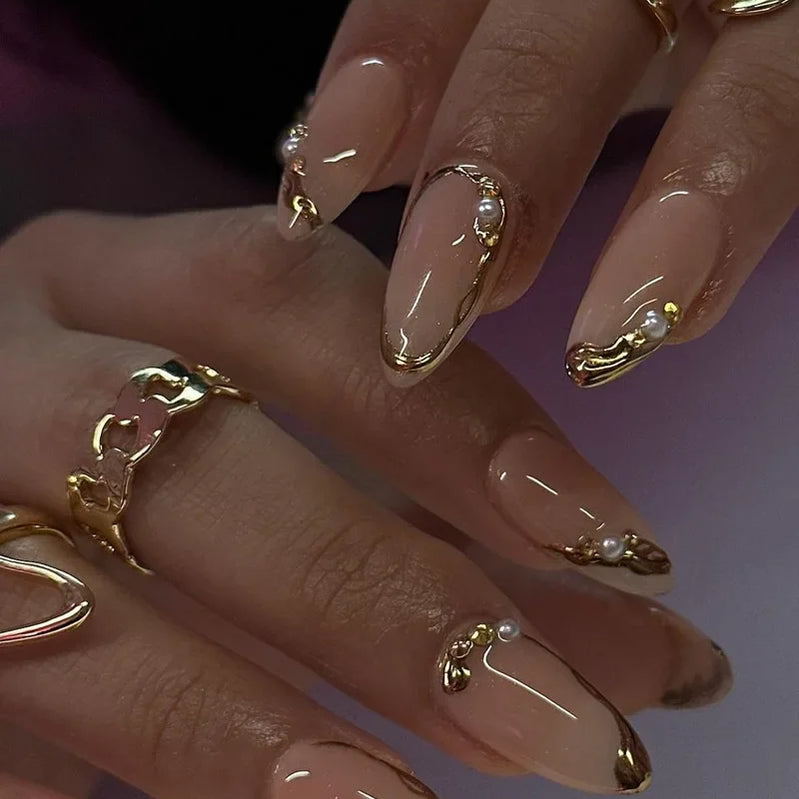 24Pcs Mid-length Almond False Nails Press on 3D Gold Irregular Design Fake Nail Simple Reusable Artificial Full Cover Nails Tips