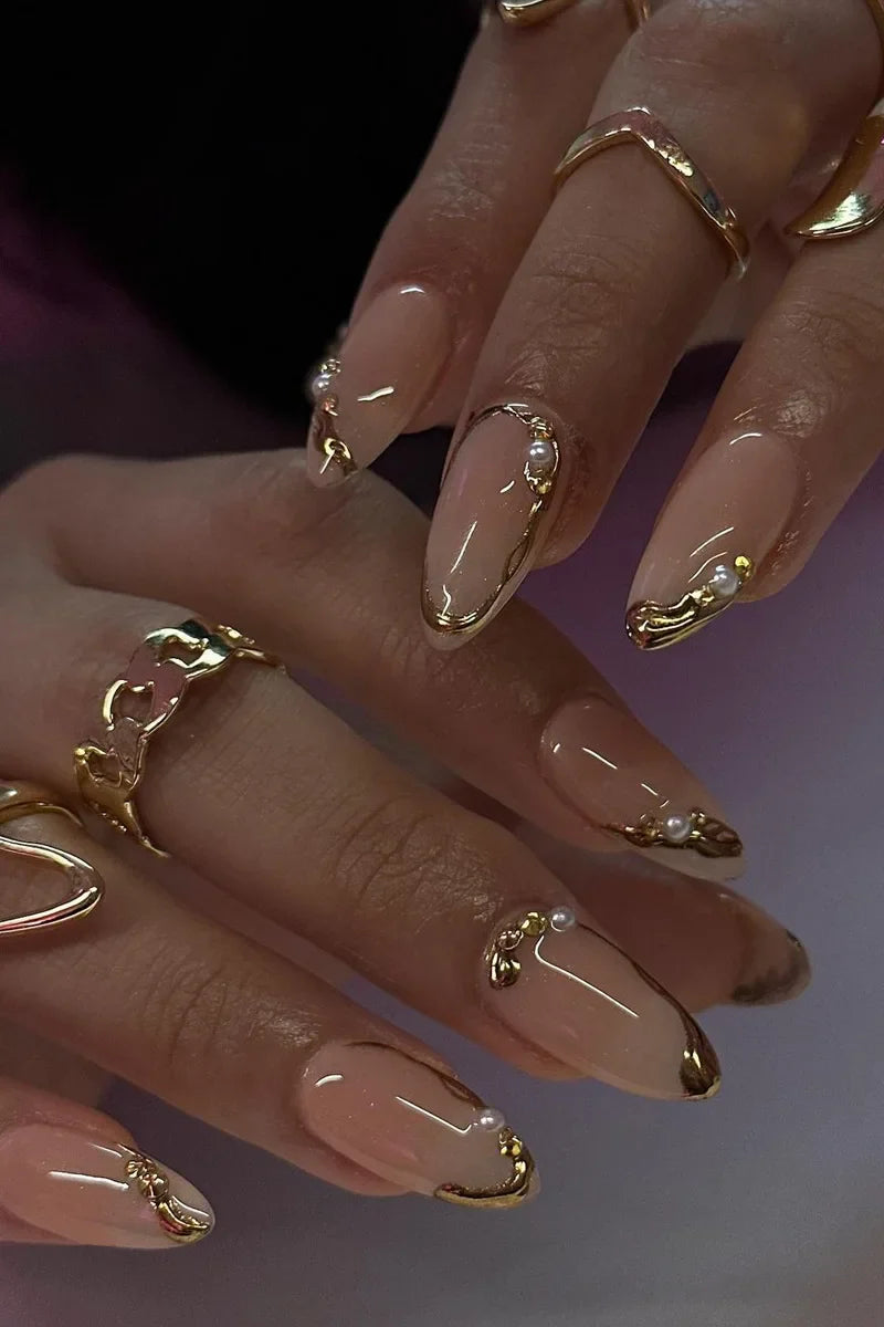 24Pcs Mid-length Almond False Nails Press on 3D Gold Irregular Design Fake Nail Simple Reusable Artificial Full Cover Nails Tips