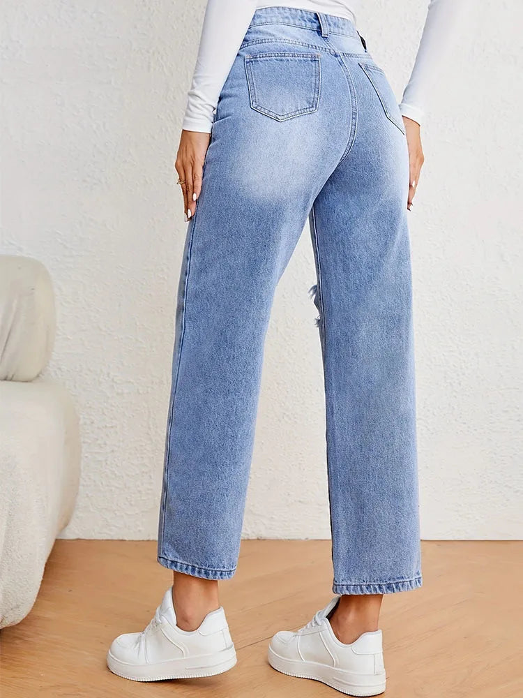 Denimcolab Women's Loose High Waist Jeans Cotton Denim With Holes Straight Leg Pants Ladies Casual Simple Solid Denim Trousers