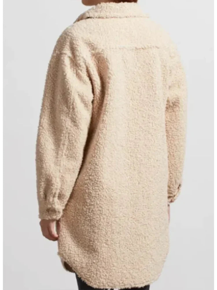 Women's Fuzzy Coat Turn Down Collar Pockets Casual Single Breasted Long Jacket Autumn Winter Loose Vintage Lambswool Outerweat