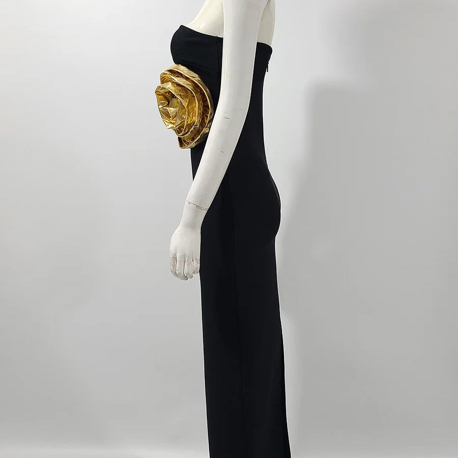 Vestido longo preto feminino, sexy, sem alças, com estampa floral dourada, colado ao corpo, elegante, para festa à noite, coquetel
