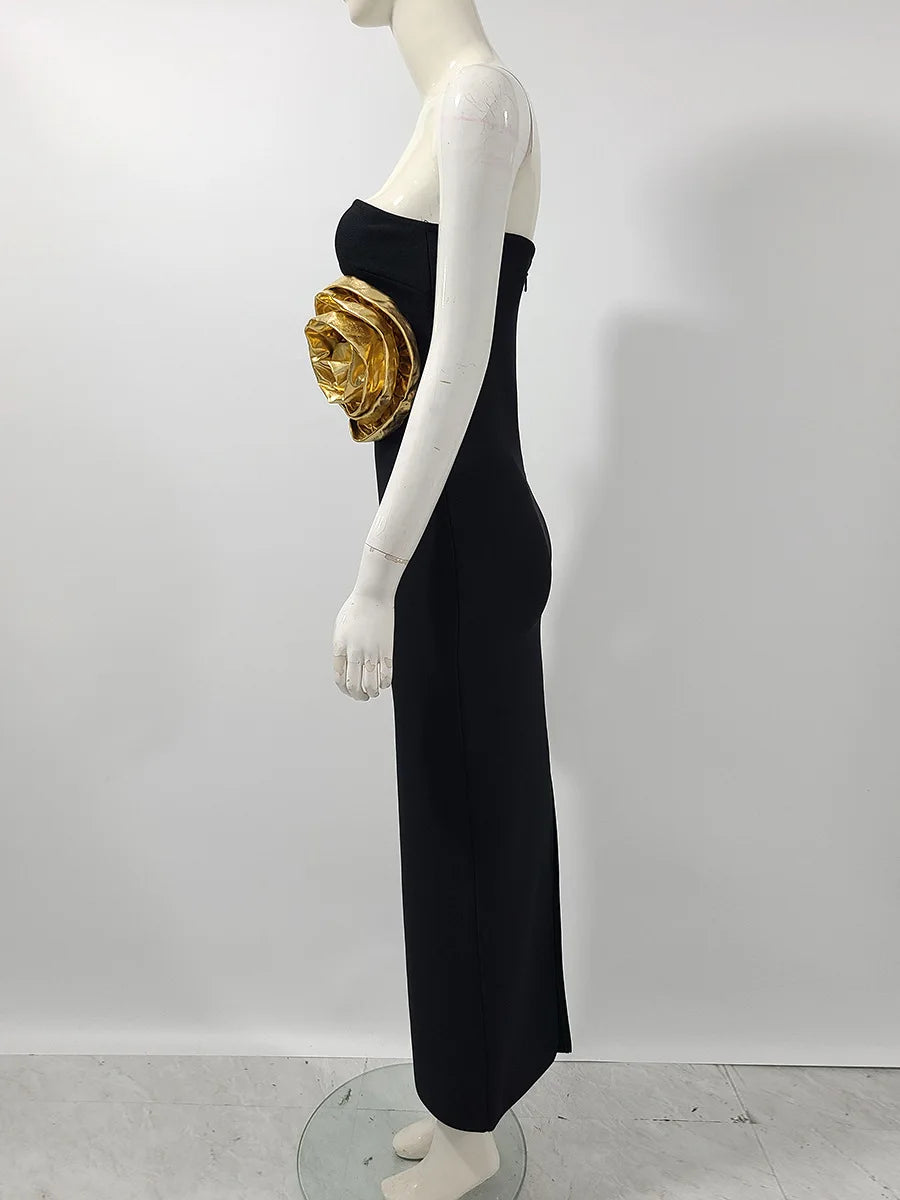 Vestido longo preto feminino, sexy, sem alças, com estampa floral dourada, colado ao corpo, elegante, para festa à noite, coquetel