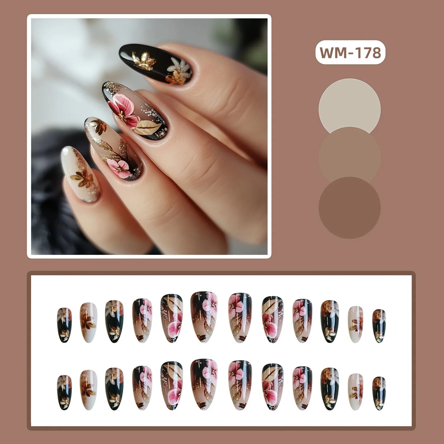24pcs Classical Flowers Press on Nails Watercolor Butterflys Flowers Print False Nails Wearable Spicy Girls Fake Nails for Women