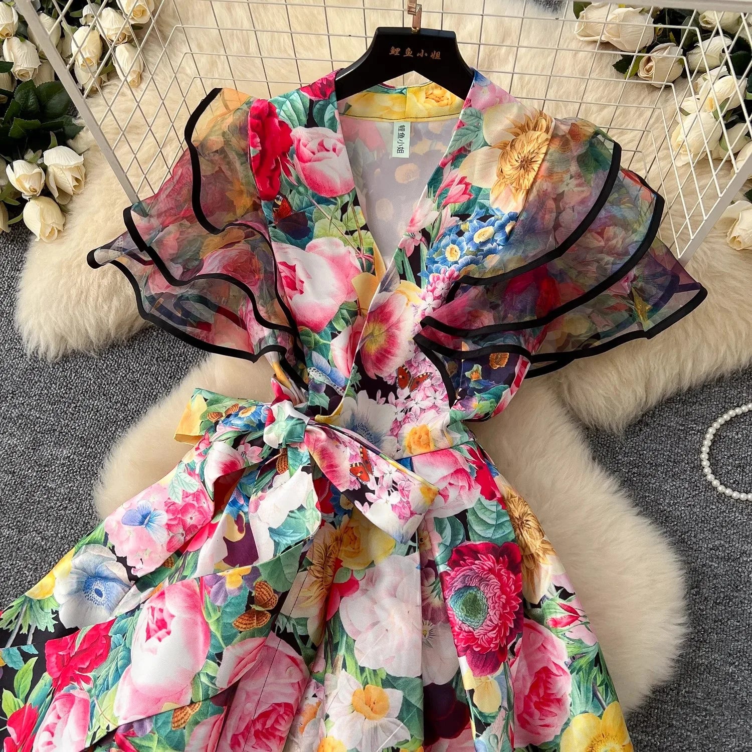 Summer Bohemian Gorgeous Flower Long Dress Women V-Neck Layer Mesh Sleeve Floral Print Bandage Lace Up Robe Vestidos Clothes