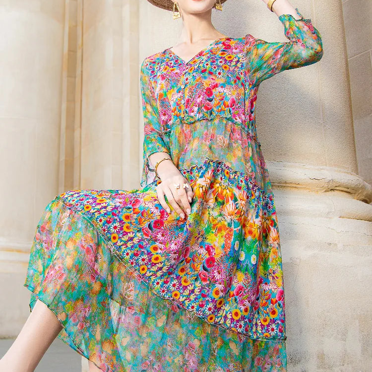 Summer 2023 Beach Boho Vintage Print Chiffon V Neck Dress Elegant Party Robe Designer Vestidos Loose Midi Dresses