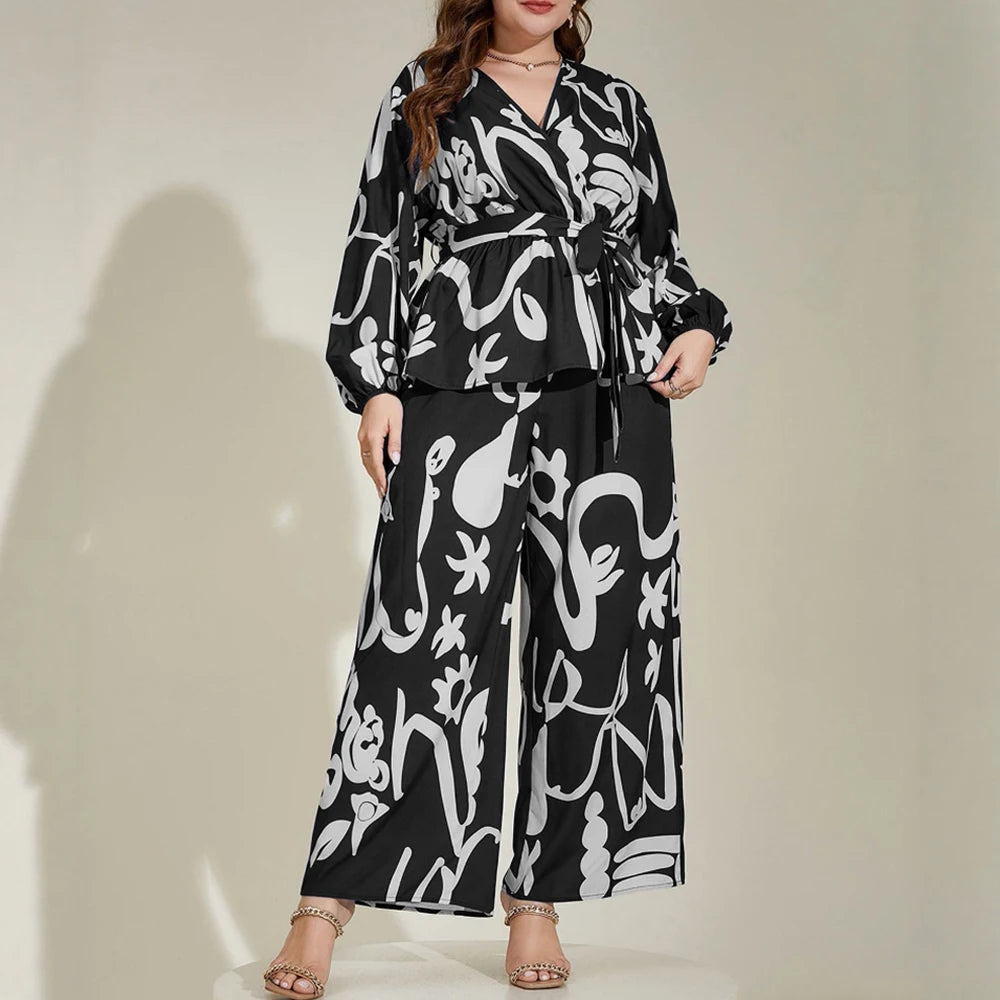 Plus Size Rafiah Women's Summer Sets 2025 Daily Long Sleeve V-Neck Top Full Length High Waist Pants Full Print Casual Sets