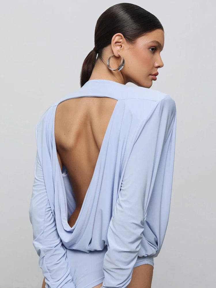 Backless Long Sleeve Sexy Bodysuits For Women Tops Fashion Solid O Neck Ruched Bodysuit Female Spring Elegant Bodysuit