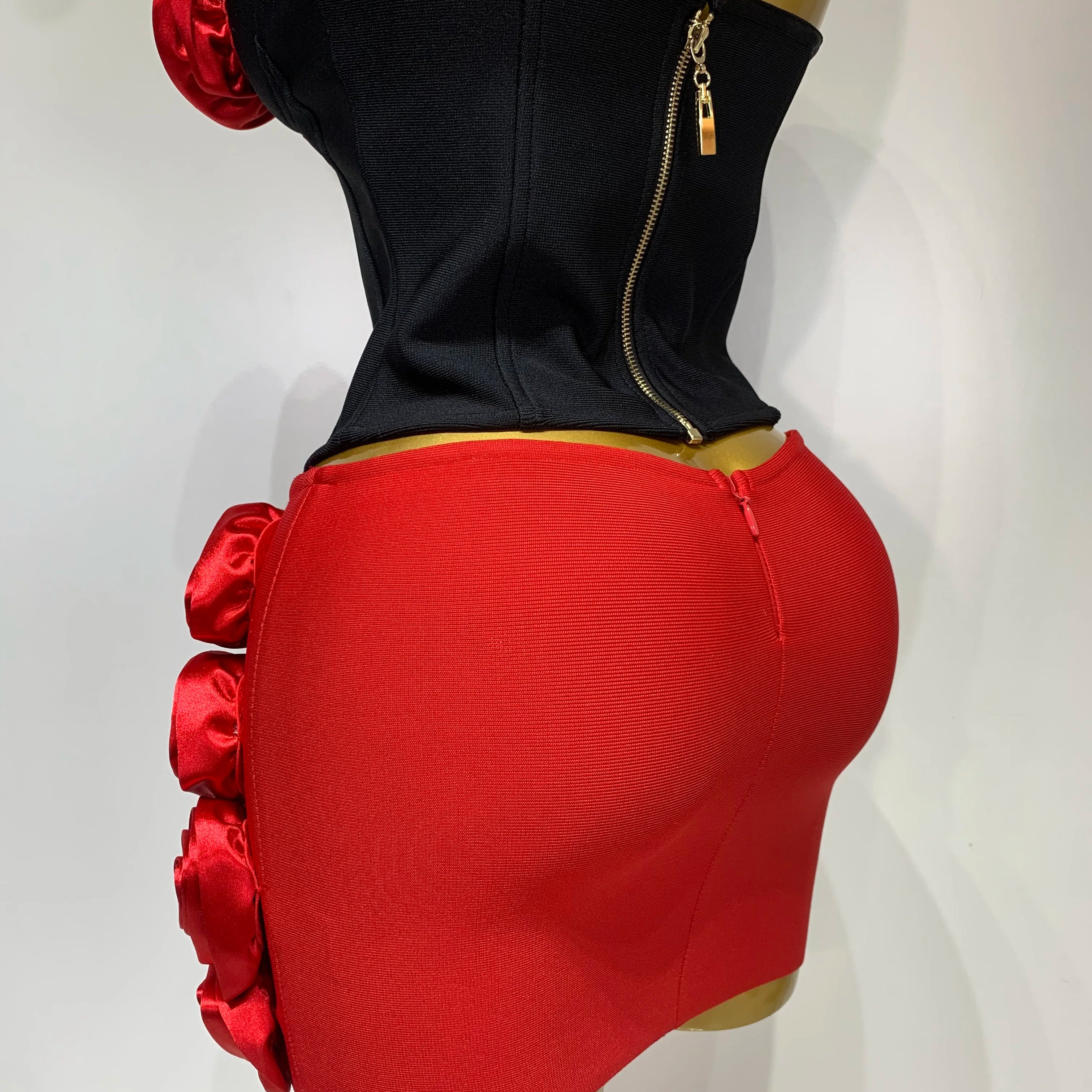 Women Fashion Strapless Red Flower Mini Two Pieces Skirt Bandage Set Celebrity Designer Fashion Stage Show Evening Party Outfit