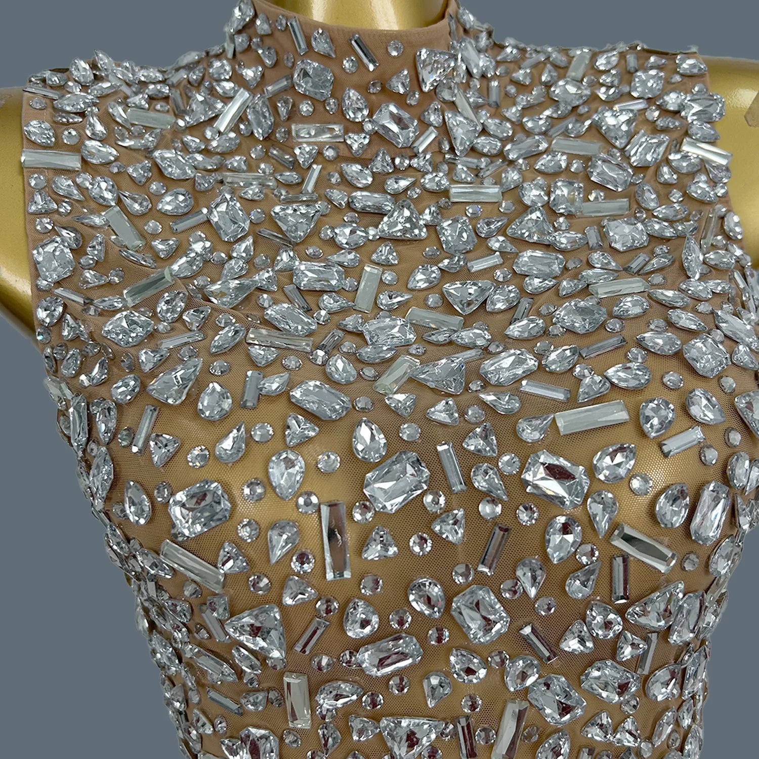 High-end Sparkly Crystals Backless Crop Tops Mini Skirt 2Pieces Set Sexy Women See Through Mesh Festival Party Outfit Shihualuo