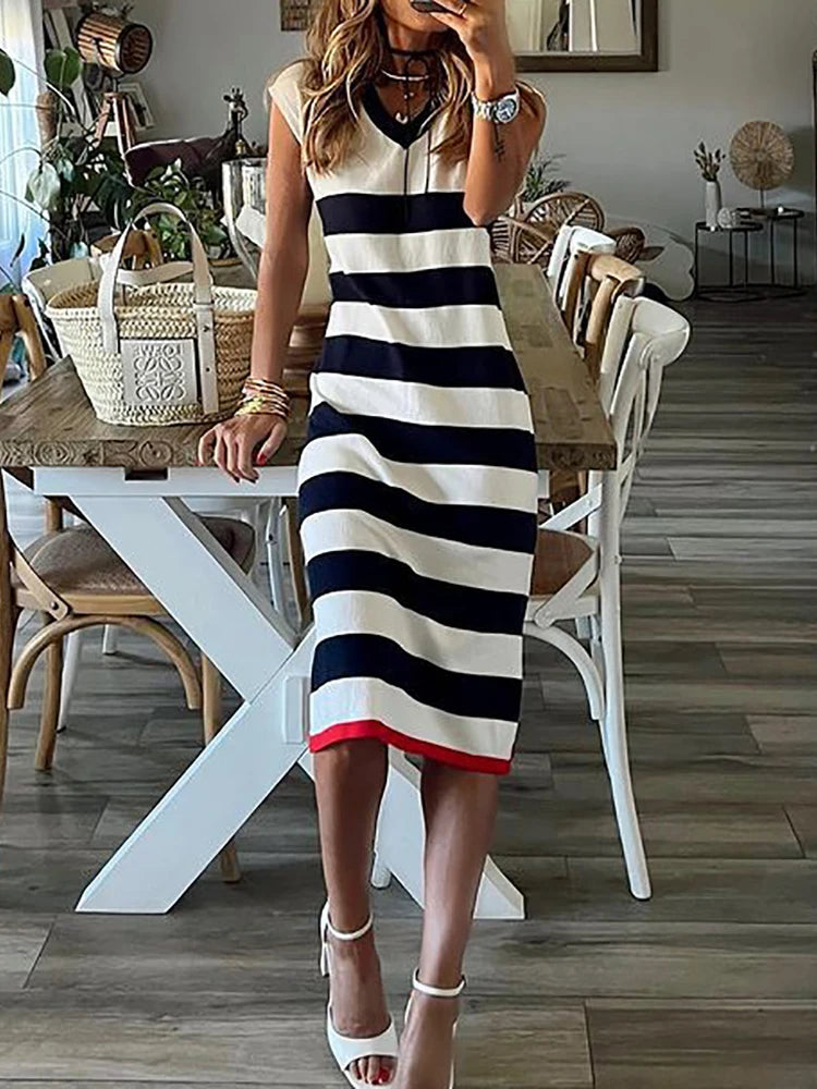 Women Elegant Striped Printing Sleeveless Party Dress Office Lady V Neck Shirt Dress Casual Female Loose Mid Dress Vestidos 2023