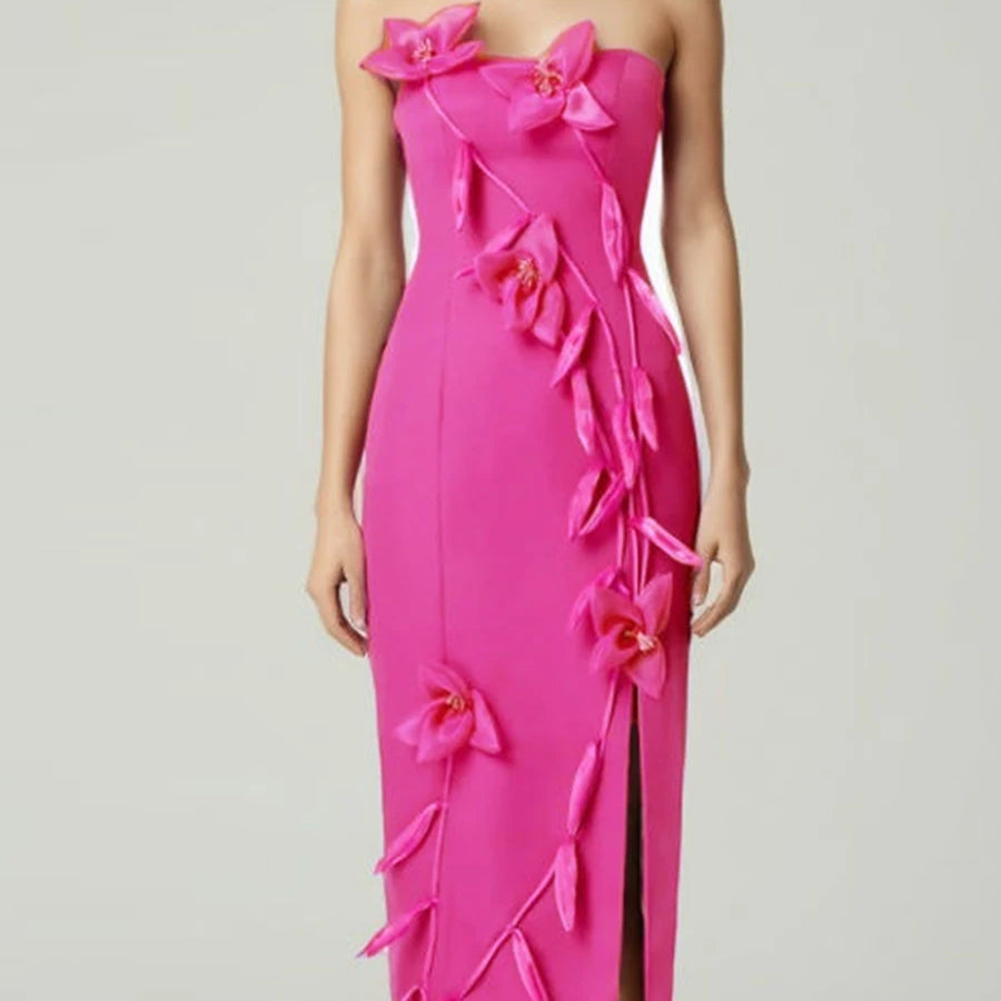 TWOTWINSTYLE Solid Slimming Spliced Appliques Elegant Dresses for Women Srtapless Sleeveless Split Dress Femlae Fashion Clothing