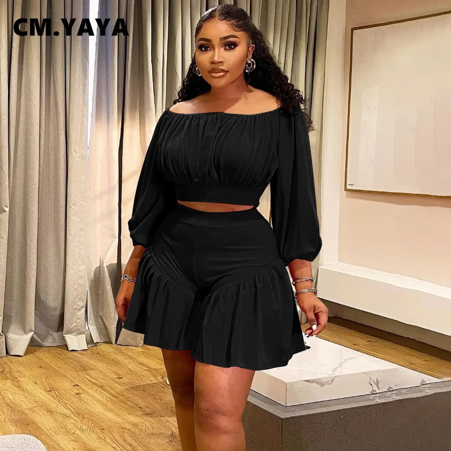CM.YAYA Plus Size Women's Set Long Sleeve Slash Neck T-Shirt and Shorts 2025 Summer Ruched Two 2 Piece Set Outfits Tracksuit