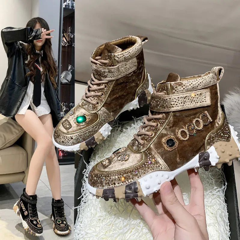 Ladies Vulcanized Shoes High Top Durian Sole Women Shoes Fashion Rhinestone Decoration Magic Sticker Lace Up Black Women Shoes