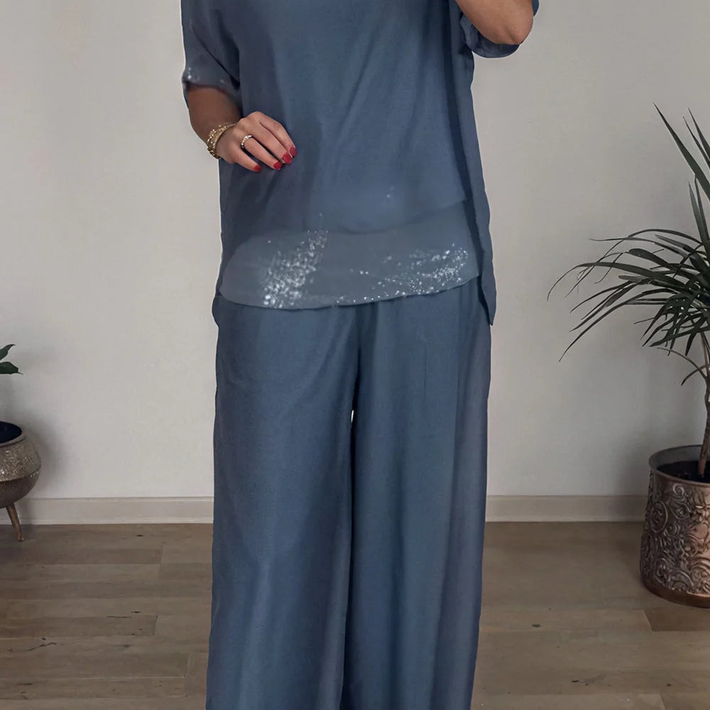 Plus Size Formal Green Elegant Round Neck Half Sleeve Pocket Chiffon Three Piece Sets