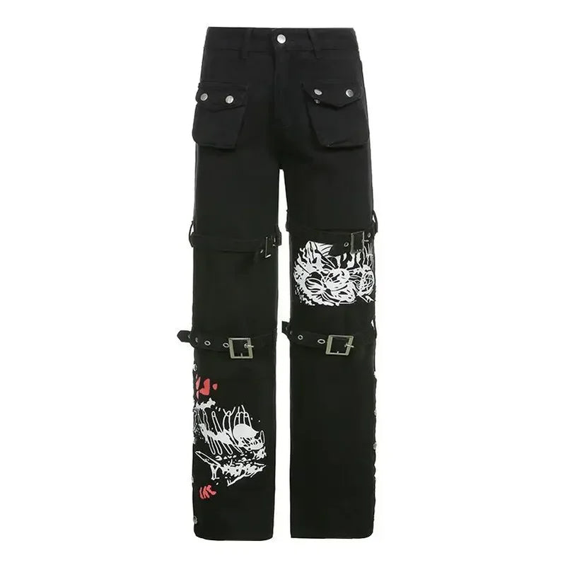 Gothic Print Women Jeans Spring Fashion Streetwear Bandage Pants Punk Style Female Dark Academic Sequined Denim Trousers New