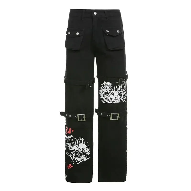 Gothic Print Women Jeans Spring Fashion Streetwear Bandage Pants Punk Style Female Dark Academic Sequined Denim Trousers New