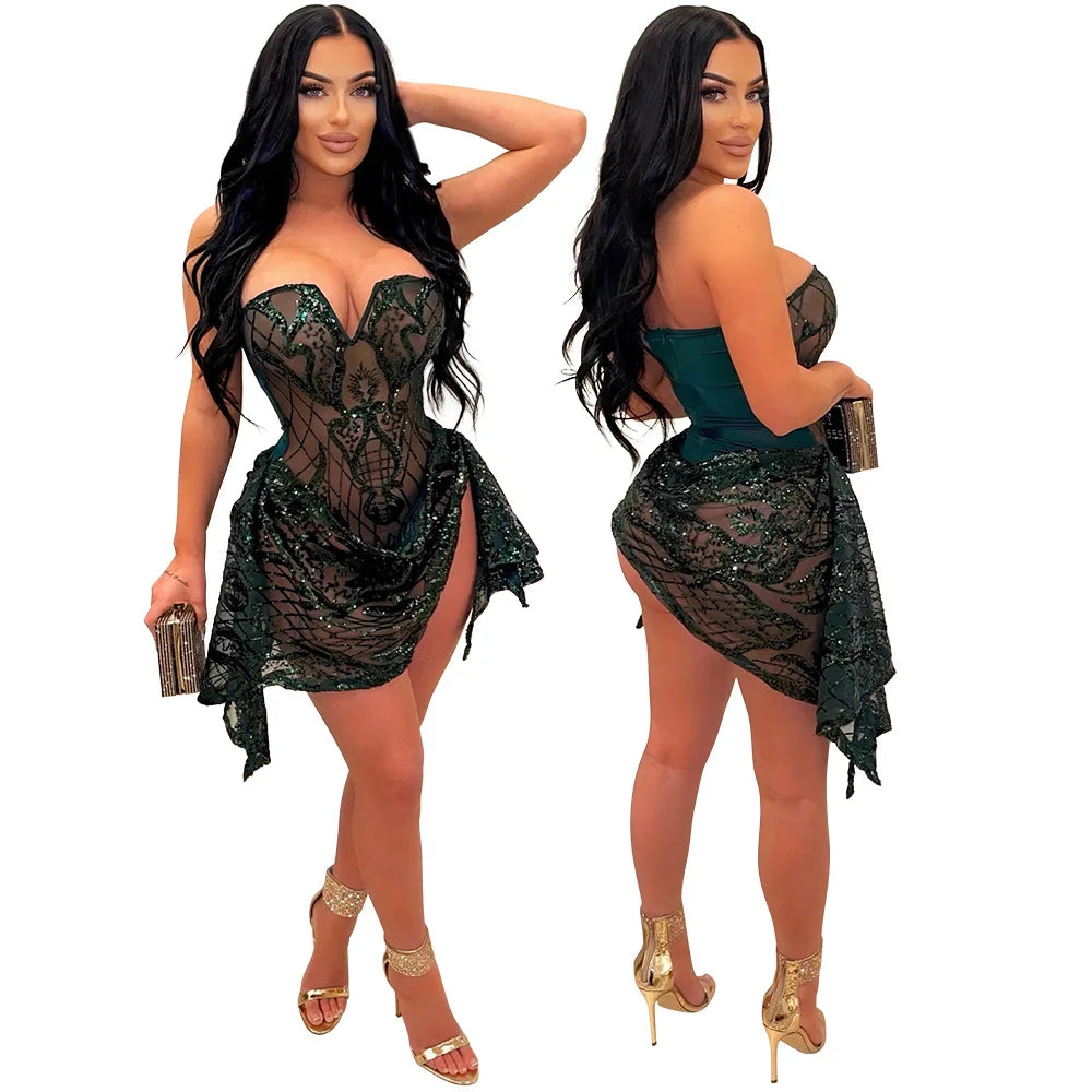 CM.YAYA Women Strapless V-neck Fashion Sequined Sexy Dress Mesh See Through 2024 Summer Night Club Evening Party Mini Dresses